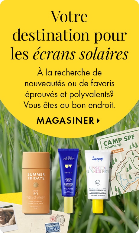 Fond jaune vif avec le texte « Votre destination pour les écrans solaires », « Par ici pour découvrir les nouveautés, les essentiels éprouvés et les coups de cœur tout‑en‑un », et « Magasiner ». Produits SPF présentés sur un fond de gazon, avec un visuel d