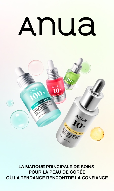 Anua. La marque de soins pour la peau la plus populaire en Corée, où la tendance rencontre la confiance. Image de bouteilles du produit.