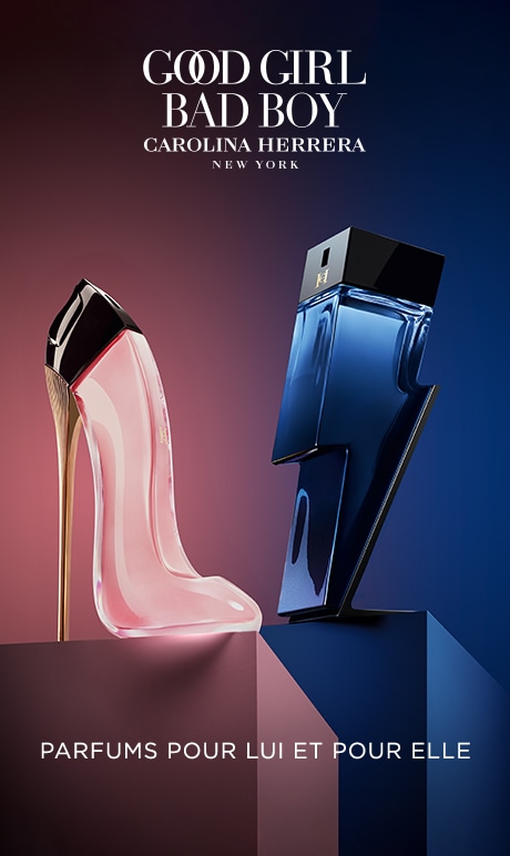 Good Girl, Bad Boy. Carolina Herrera, New York. Parfums pour lui et pour elle. Image des flacons.