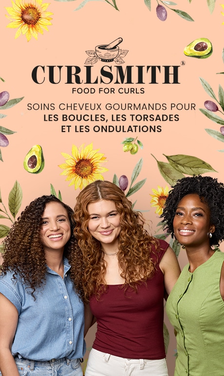 Curlsmith. Nourrir les boucles. soins cheveux gourmands pour les boucles, les torsades et les ondulations. image de trois modèles. 