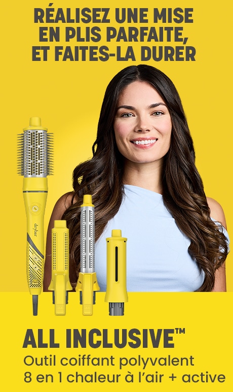 Réalisez une mise en plis parfaite, et faites-la durer. Drybar. Tout inclus. Chaleur à l’air + active. Outil coiffant polyvalent 8 en 1. Image du modèle.