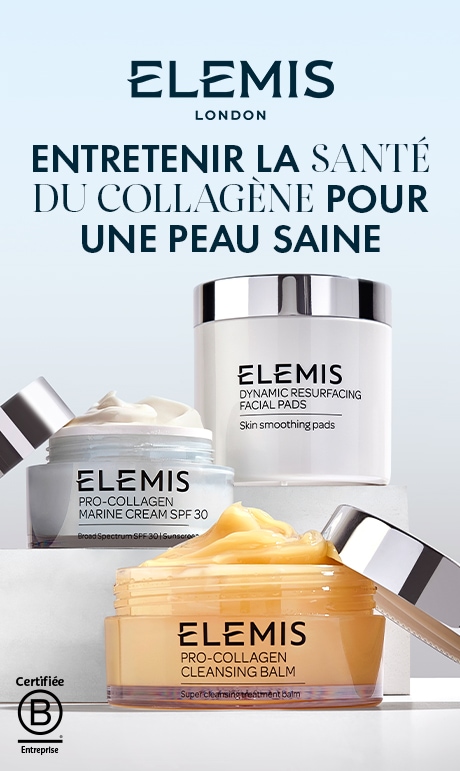 Elemis. London. Entretenir la santé du collagène pour une peau saine. Image des produits. Sceau B-corp.