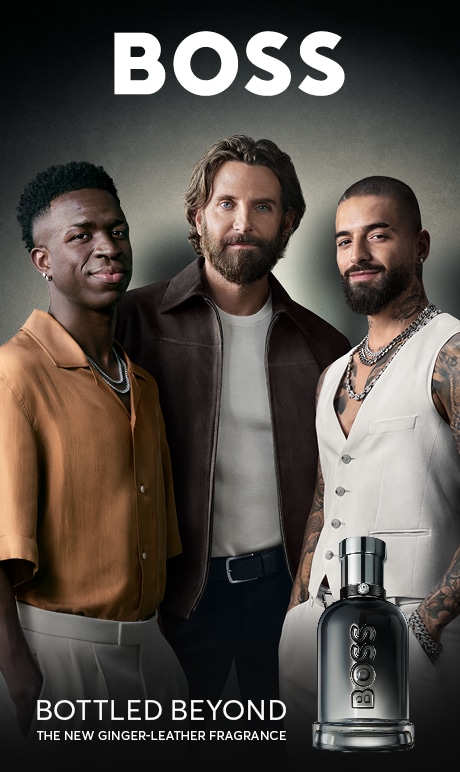 Hugo Boss. Parfum Bottled Beyond. Le nouveau parfum aux notes de gingembre et de cuir. Image de 3 modèles.