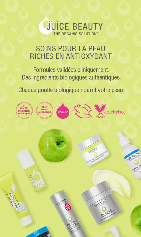 Juice Beauty the organic solution. OG "original green" antioxidant rich skincare. Clinically validated formulas authentically organic ingredients. Every organic drop feeds your skin. Images of product.