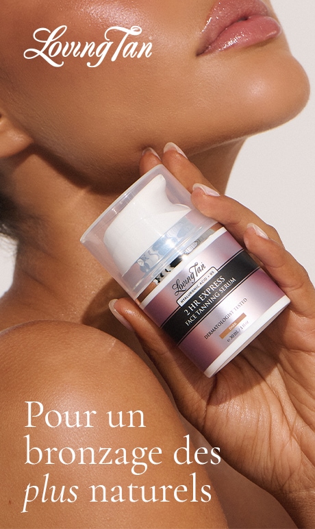 Loving Tan. pour un bronzage des plus naturels. image d’un modèle qui tient le produit.