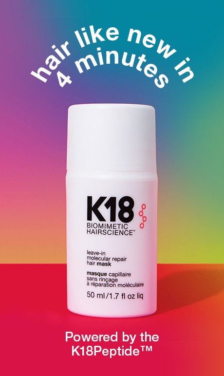 Des cheveux ravivés en 4 minutes. Propulsé par le peptide k18. Bouteille de produit.