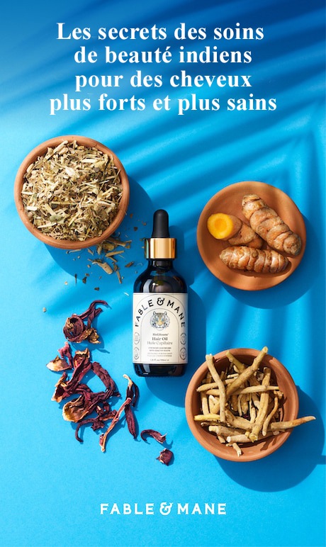Les secrets des soins de beauté indiens pour des cheveux plus forts et plus sains. Fable &amp; Mane | gingembre et herbes avec un flacon compte-gouttes au milieu