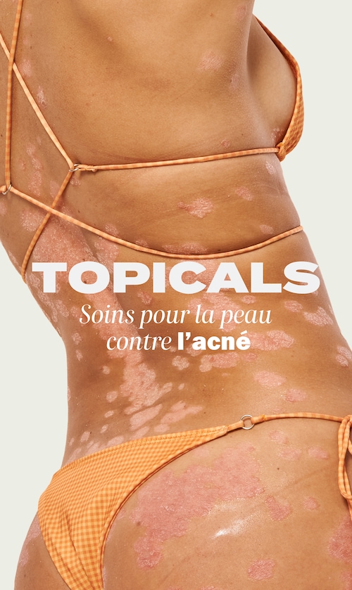 Topicals. Soins pour la peau contre l’acné. Modèle en bikini. 