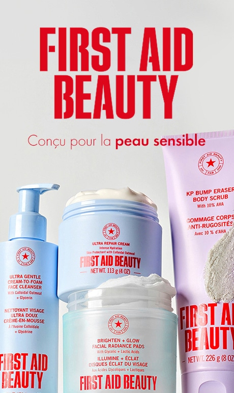 first aid beauty. conçu pour la peau sensible. image des produits.
