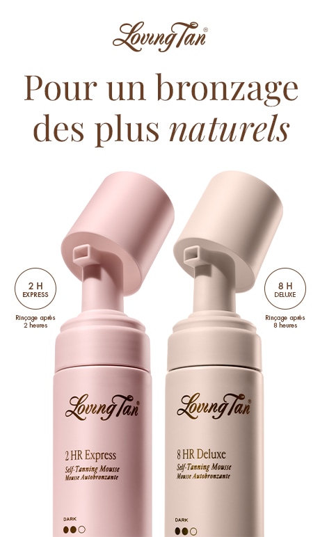 Loving Tan. pour un bronzage des plus naturels. Image de bouteilles du produit. Soin rapide : rinçage après 2 heures. Soin de prestige : rinçage après 8 heures.