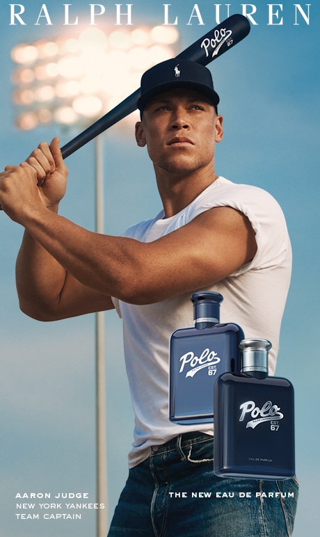 Ralph Lauren. Aaron Judge. Capitaine de l’équipe des Yankees de New York. la nouvelle eau de parfum. image de bouteilles et aaron judge.