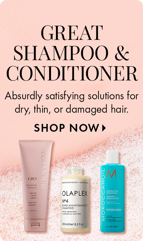 GREAT SHAMPOO & CONDITIONER | Absurdly satisfying solutions for dry, thin, or damaged hair. SHOP NOW > | Image of three shampoo products on a pink background with waves.