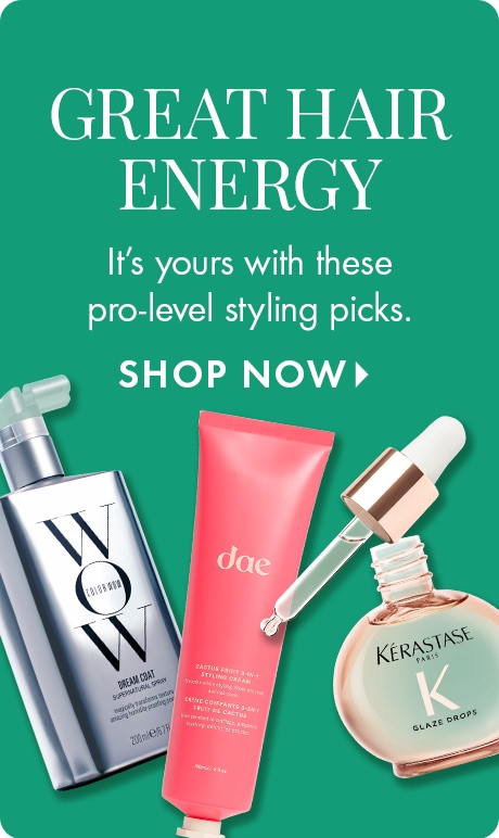 Three hair products—Color Wow Dream Coat, Dae Cactus Flower Leave-In Conditioner, and Kérastase Paris Glaze Drops—are displayed against a green background with the text “Great Hair Energy. It’s yours with these pro-level styling picks.”