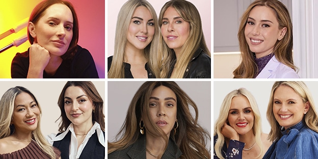Image of six headshots showcasing several skincare brand founders. Top, from left to right: Sofie Pavitt, Jen Shane and Alisa Metzger, Dr. Shereene Idriss. Bottom, from left to right: Joyce de Lemos & Charlotte Palermino, Shani Darden, Ava Chandler-Matthew