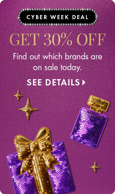 Image with purple glitter background promoting Cyber Week Deal. Text reads: “Get 30% off. Find out which brands are on sale today.” Includes “See Details” button, gold perfume bottle, gold gift box with bow, and decorative gold stars.