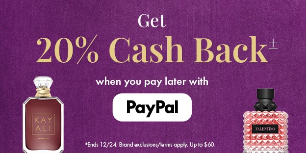 Promotional image featuring Kayali Vanilla and Valentino fragrances on a purple background. Highlights a 20% cash back offer when paying later with PayPal. Includes luxury perfume bottles and holiday messaging.