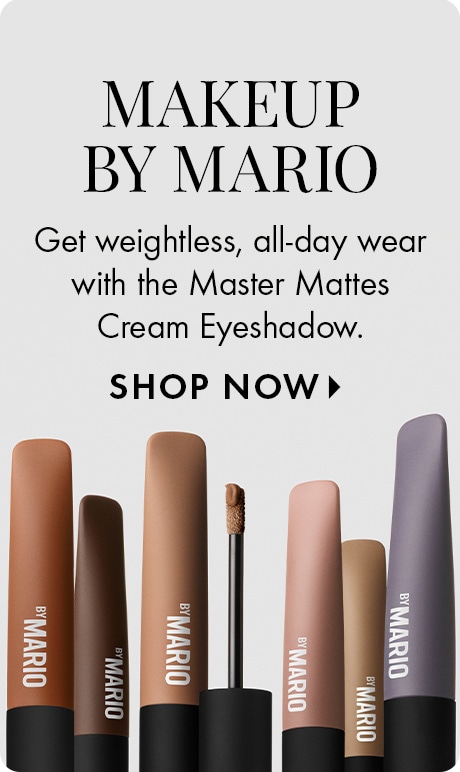 Image featuring MAKEUP BY MARIO’s Master Mattes Cream Eyeshadow with text: “Get weightless, all-day wear with the Master Mattes Cream Eyeshadow.” Includes a “SHOP NOW” arrow and shows six shades with visible applicators.
