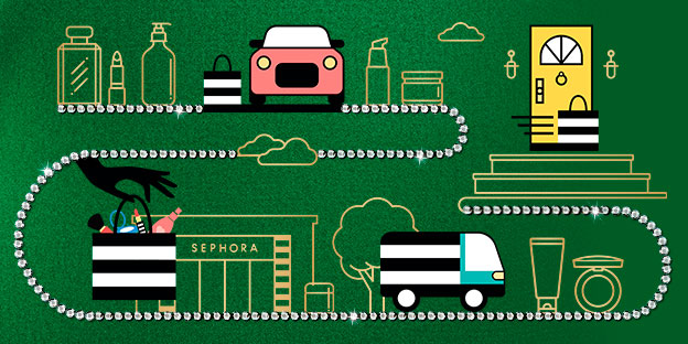 Pick up and delivery option graphic on a green background with a festive border