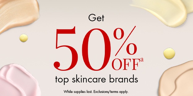 Text with "Get 50% off top skincare brands"  with a background containing different skincare product textures.