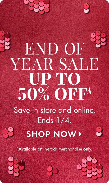 Text on a red background with berry illustrations reads: “Beauty Insider Exclusive. End of Year Sale up to 50% off. Save in store and online. Ends 1/4. Shop Now.” Small note: “Available on in-stock merchandise only.”