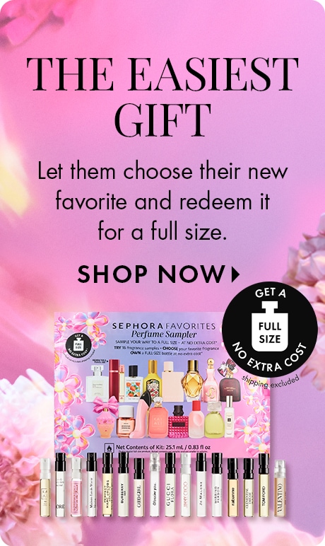 Pink and purple background with soft floral accents. Large text reads “The easiest gift” and explains choosing a favorite to redeem for full size. Below is a Sephora Favorites perfume sampler set with many small fragrance bottles and a “Shop Now” prompt.