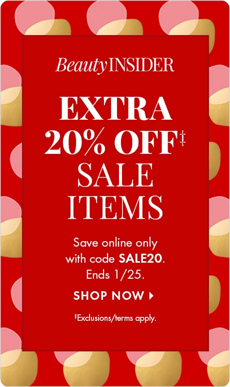 Red background with gold and pink circles. A red box in the center reads “Beauty Insider Extra 20% Off Sale Items. Save online only with code SALE20. Ends 1/25.” A “Shop Now” prompt appears below.
