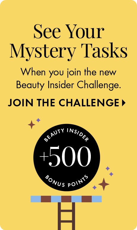 Yellow background with text: “See Your Mystery Tasks. When you join the new Beauty Insider Challenge. Join the Challenge.” Below is a circular “Beauty Insider +500 Bonus Points” icon with small decorative stars and a stylized step ladder.
