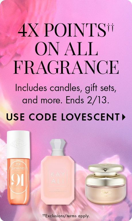 Pink and purple floral background with text offering “4X points on all fragrance,” noting candles and gift sets included and ending 2/13. Below are three perfume bottles from different brands, with a prompt to use code LOVESCENT.
