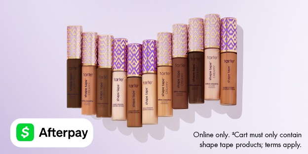 The image features a lineup of tarte Shape Tape concealers in various shades, arranged in a gradient from deep to fair. The packaging displays purple and gold patterns. Afterpay payment option is promoted.