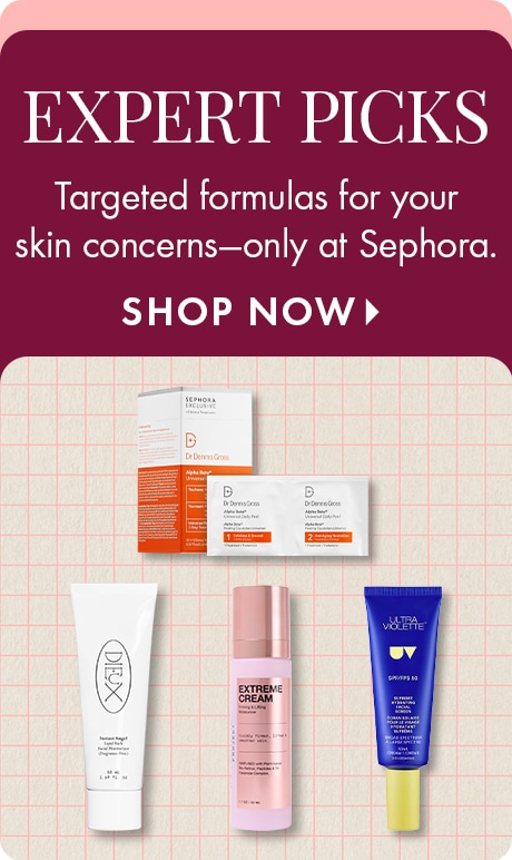 Graphic with the headline ‘Expert Picks’ and text about targeted formulas for skin concerns. Three skincare products are displayed on a grid background: a blue sunscreen bottle, a pink cream bottle, and a white tube with product textures.