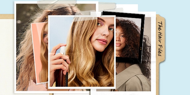 A layered collage of photos showing people with different hairstyles and textures, including long blonde waves and natural curls. The images overlap like printed snapshots, suggesting a collection or archive of hair looks.