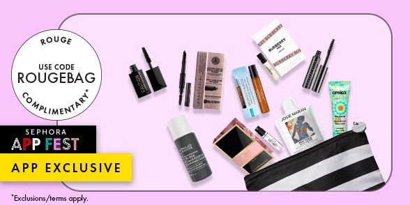rouge use code rougebag complimentary. rouge exclusive. sephora appfest exclusive. image of sample bag and products. 