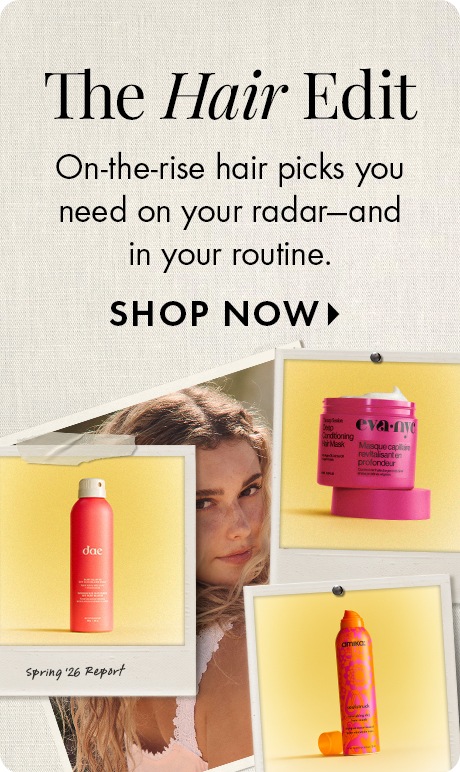 Cream textured background with text reading “The Hair Edit” and “On‑the‑rise hair picks you need on your radar—and in your routine,” plus “Shop Now.” Below are framed images of hair products and a partial photo of a person behind them.