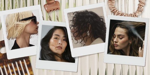 Overlapping Polaroid‑style photos arranged on a light surface, each showing different hair textures and styles, including short blonde hair, straight dark hair, loose curls, and soft waves. Hair clips and neutral accessories surround the photos.