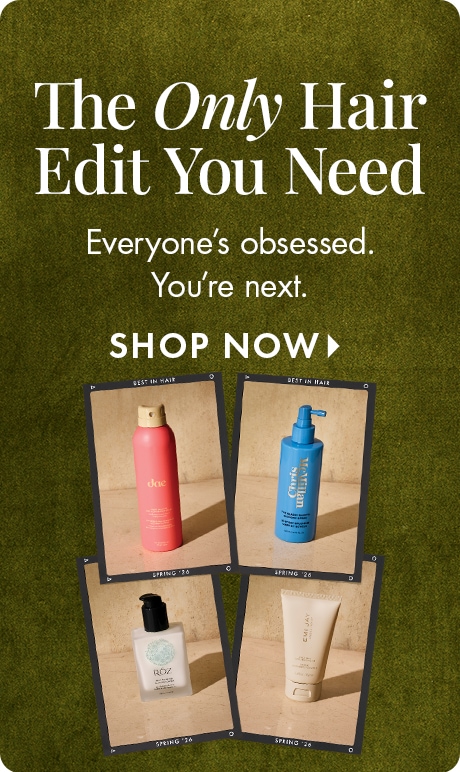 Olive green textured background with text reading “The Only Hair Edit You Need” and “Everyone’s obsessed. You’re next.” Below, “Shop Now” appears above four framed images of assorted hair care products arranged in a grid.
