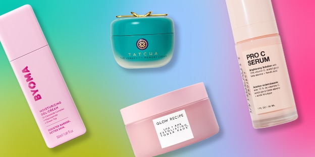 Tatcha, Glow Recipe, Drunk Elephant, and Typology skincare products displayed on a colorful gradient background.