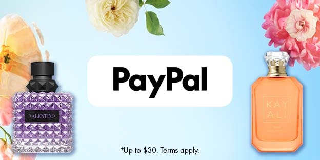 PayPal promotional image with a purple Valentino perfume bottle on the left and an orange Kayali perfume bottle on the right, set against a light blue floral background. Text reads, “Up to $30. Terms apply.”