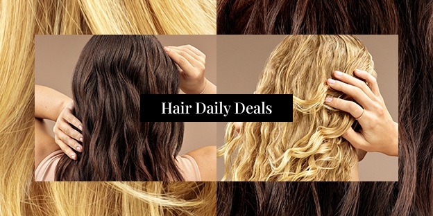 A side‑by‑side image showing the backs of two people’s heads. One has long dark brown wavy hair, the other has long blonde wavy hair. Each person holds their hair with one hand, highlighting texture and movement. "HAIR DAILY DEALS" is listed on the image.