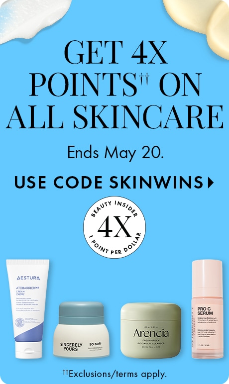 Bright blue background with text reading “Get 4X Points on All Skincare,” “Ends May 20,” and “Use code SKINWINS.” A Beauty Insider 4X points badge appears above four skincare products lined along the bottom.