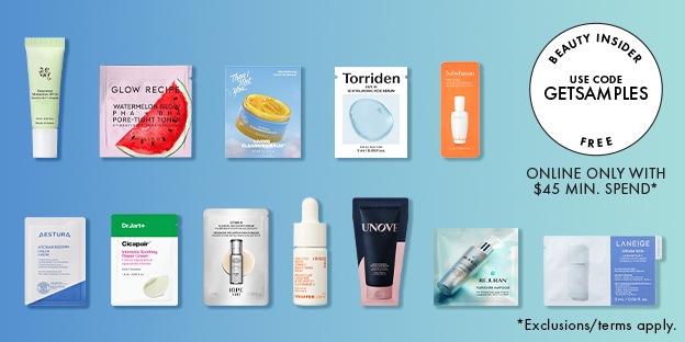BEAUTY INSIDER USE CODE GETSAMPLES FREE ONLINE ONLY WITH $45 MIN. SPEND* | *Exclusions/terms apply