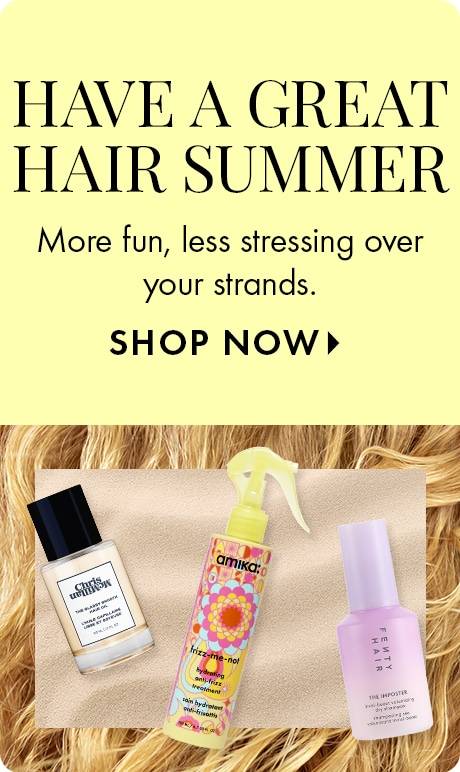 Light yellow background with text reading “Have a Great Hair Summer” and “More fun, less stressing over your strands,” followed by “Shop Now.” Below, three hair products are displayed on a sandy surface over a background of wavy blonde hair.