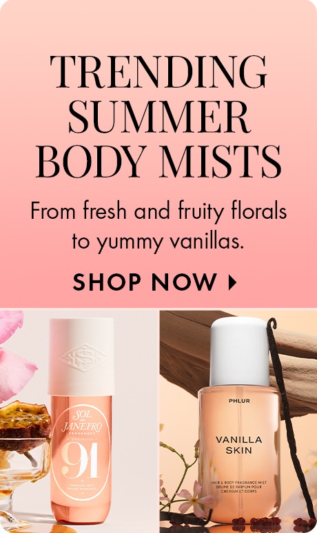Pink gradient background with text reading “Trending Summer Body Mists” and “From fresh and fruity florals to yummy vanillas,” plus “Shop Now.” Two body mist bottles—Sol de Janeiro 91 and Phlur Vanilla Skin—are shown with fruit and vanilla accents.