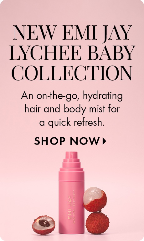 Light pink background with text reading “New Emi Jay Lychee Baby Collection” and “An on‑the‑go, hydrating hair and body mist for a quick refresh,” followed by “Shop Now.” A pink spray bottle appears beside lychee fruit halves.