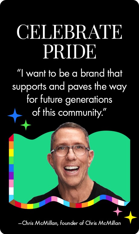 celebrate pride. "i want to be a brand that supports and paves the way for future generations of this community" image of founder. chris micmillan founder of chriss micmillan