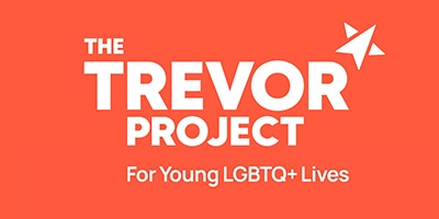 This image features The Trevor Project, a nonprofit organization dedicated to supporting young LGBTQ+ lives. The orange background and bold text highlight their mission of advocacy, inclusion, and mental health support.