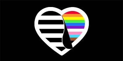 This image features a heart-shaped graphic with one half in Sephora’s signature black and white stripes and the other half in rainbow colors, symbolizing LGBTQ+ pride, diversity, and inclusion.