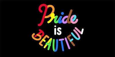 This image features the phrase 'Pride is Beautiful' in bold, multicolored letters on a black background. It celebrates LGBTQ pride, inclusivity, diversity, and self-expression, promoting empowerment and positivity.