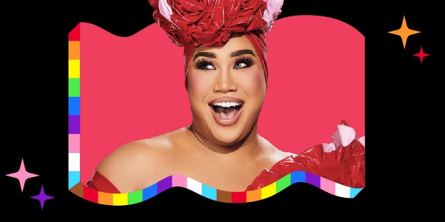 This image features a person dressed in a glamorous red outfit with a matching headpiece, set against a bold pink background. Rainbow and star accents celebrate Pride and self-expression.