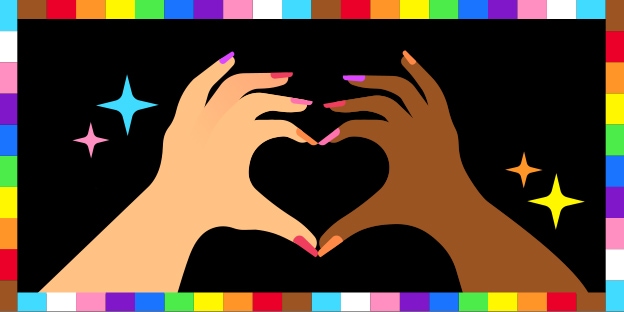 This image features two hands of different skin tones forming a heart shape, symbolizing love, unity, and diversity. Surrounded by a colorful rainbow border and sparkles, it celebrates inclusion.