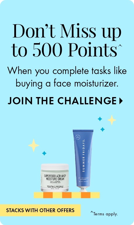 Light blue background with text reading “Don’t Miss up to 500 Points” and “When you complete tasks like buying a face moisturizer,” plus “Join the Challenge.” A moisturizer jar and tube appear with sparkles and a note about stackable offers.